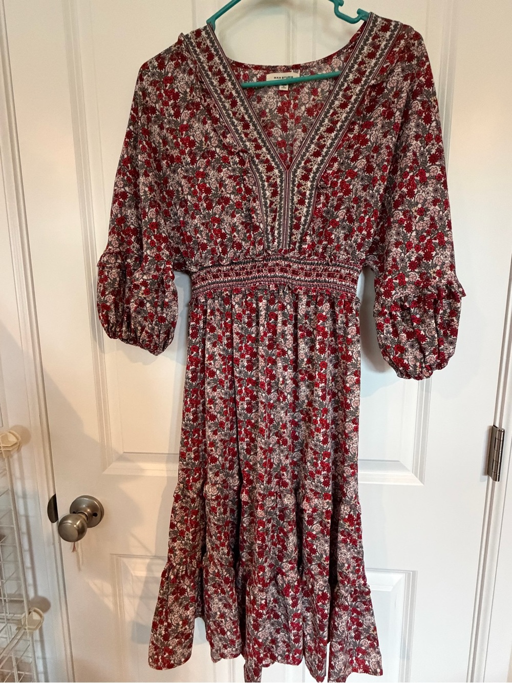 Max Studio Red Floral Midi Dress with Puff Sleeves